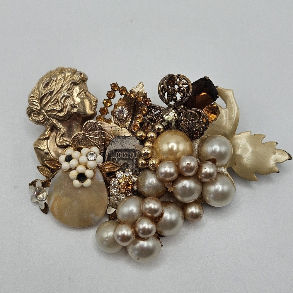 VINTAGE Upcycled Artisan Handcrafted Romantic Faux Pearl Large Brooch Pin
